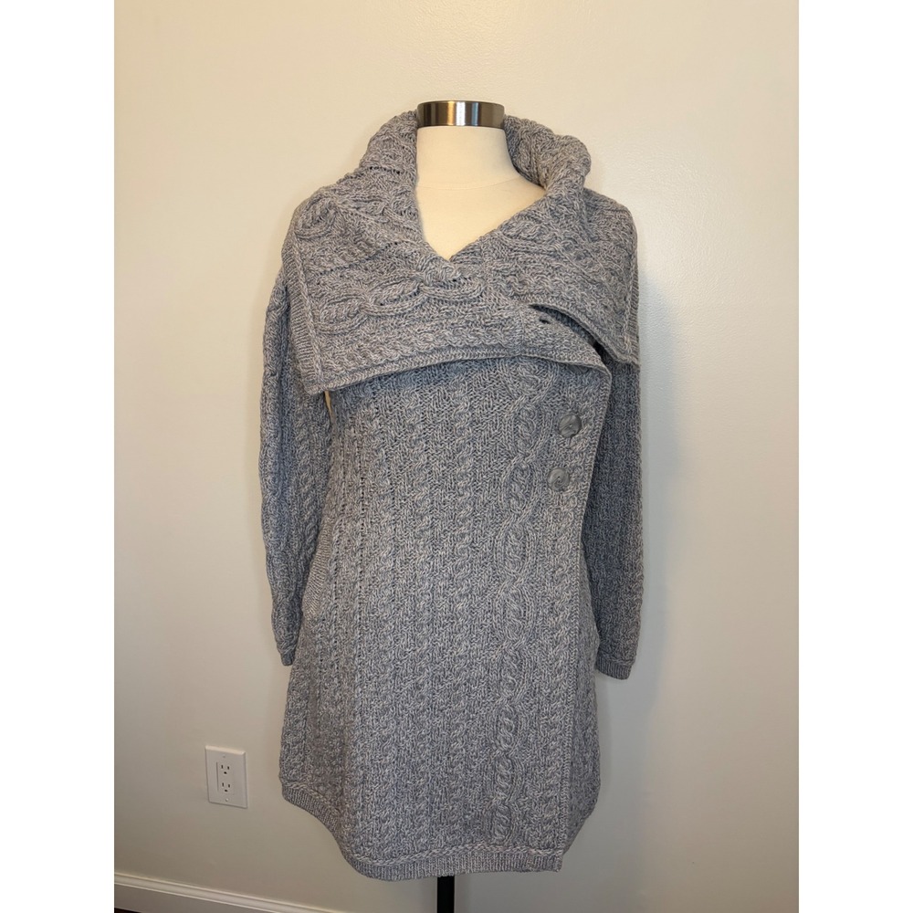 Aran Crafts Ireland 100% Merino Wool Cable Knit Asymmetric Cardigan Grey XS Cozy